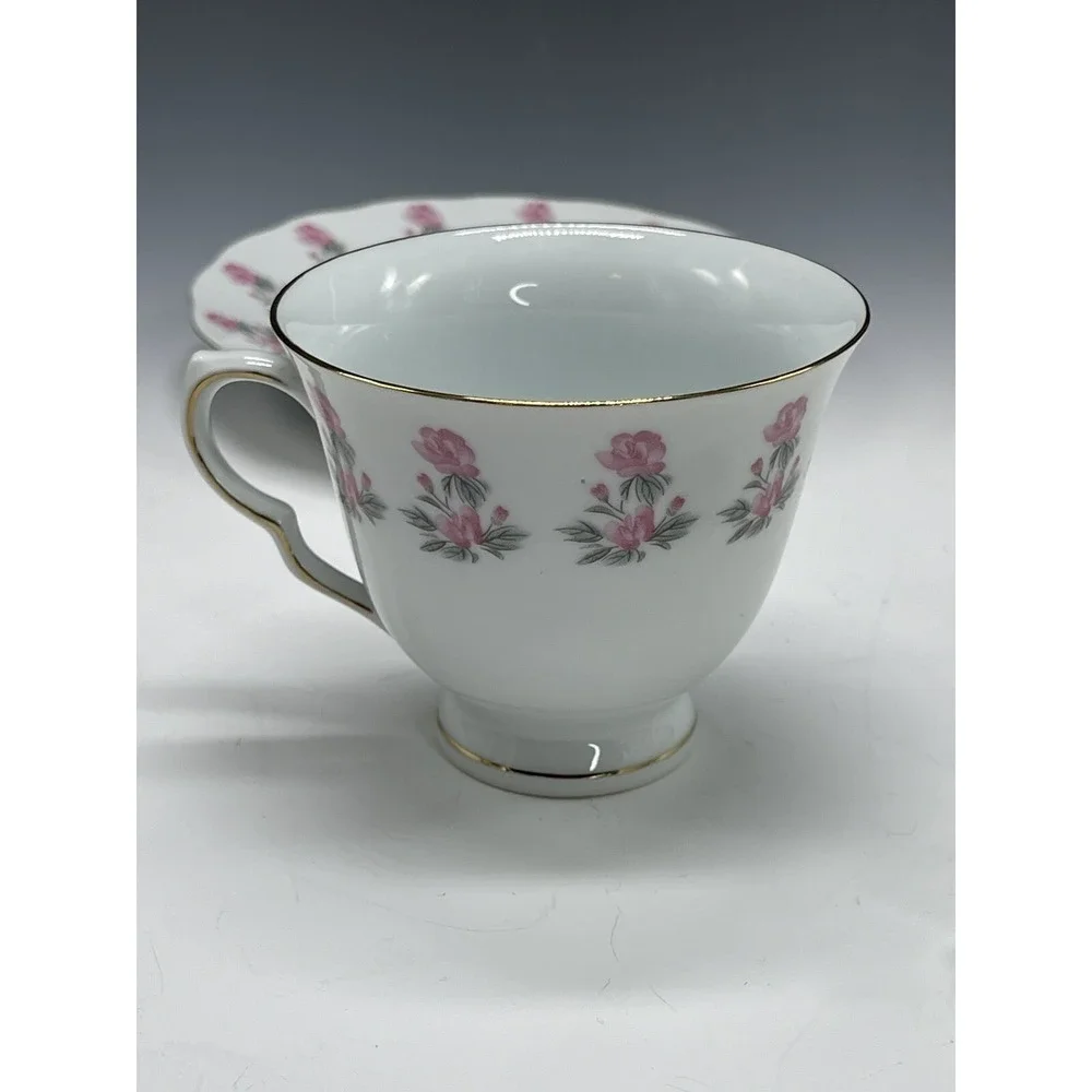 Floral Fine Porcelian China Coffee‎ Teacup Cup and Saucer Pink Ivory A50